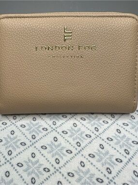 London Fog Taupe Pebbled Zip-Around Wallet with Gold Logo